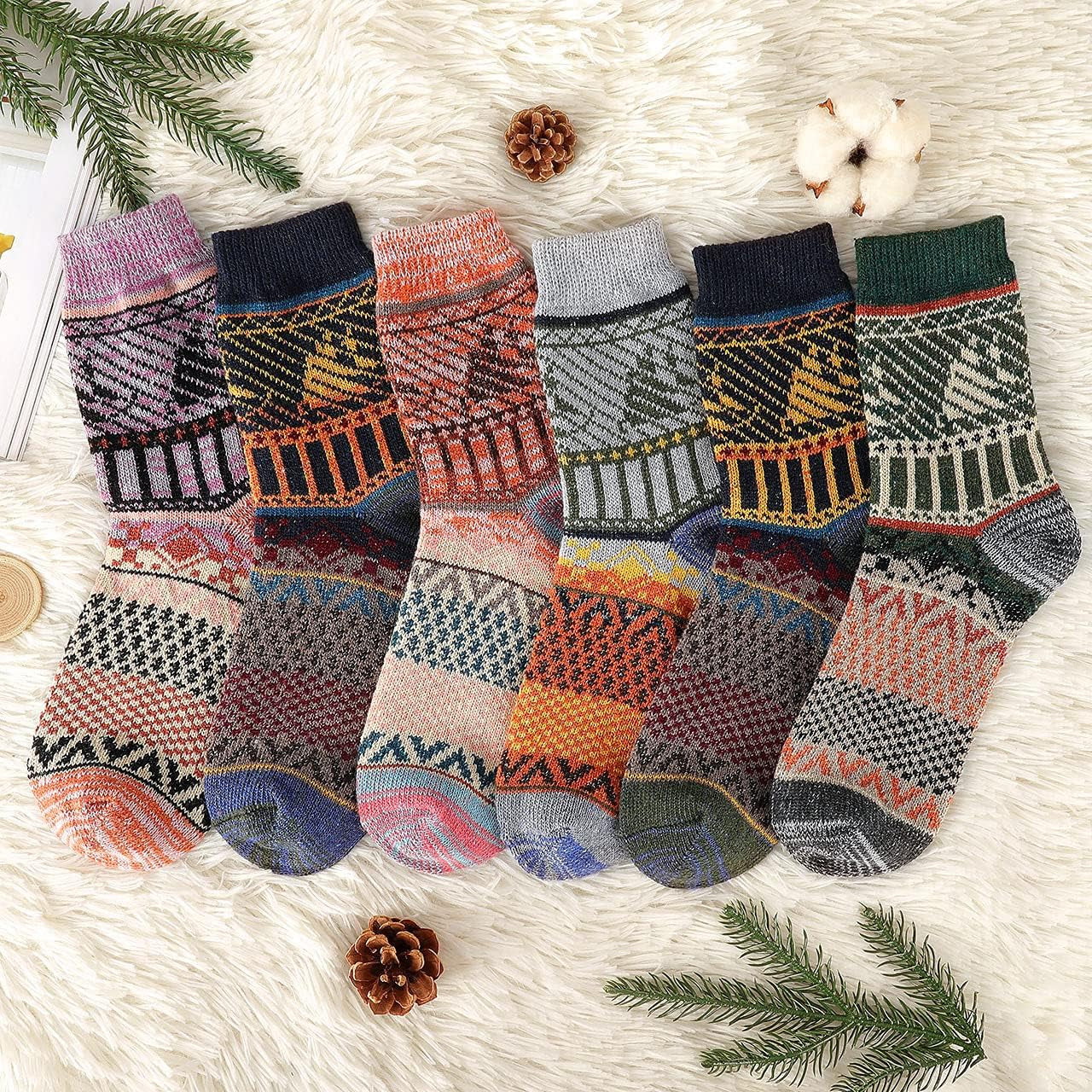 Womens Wool Socks, 6 Packs Thermal Socks Wool Socks Warm Winter Cozy Thick Knit Vintage Socks for Women Gift